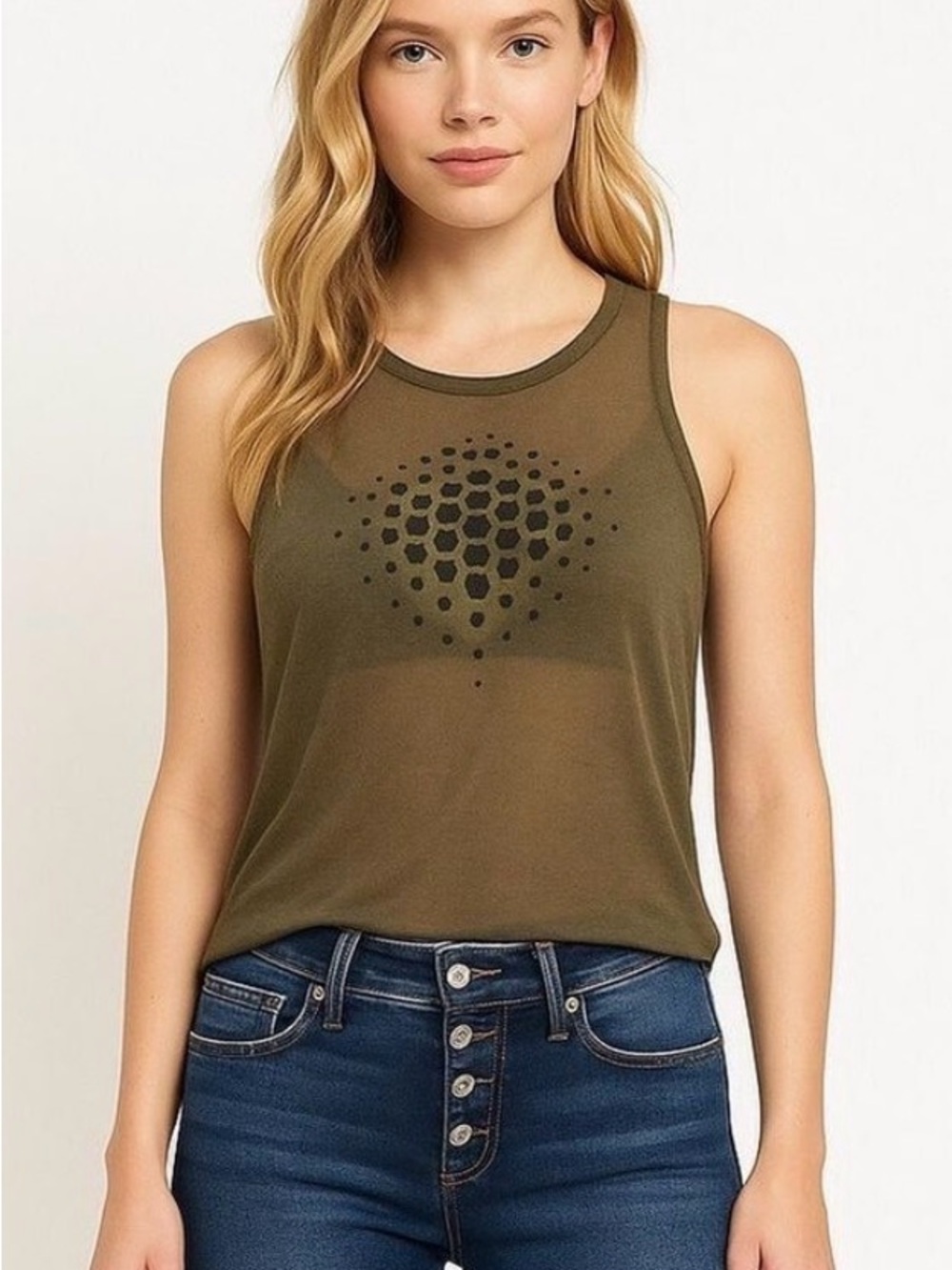 Women’s Olive Green Mesh Sleeveless Tank Top Activewear Yoga Gym Running Pilates